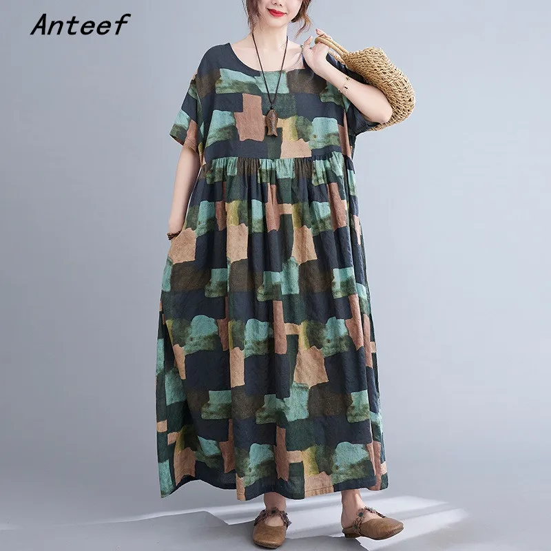 

short sleeve oversized cotton vintage floral dresses for women casual loose long woman summer dress elegant clothes 2022