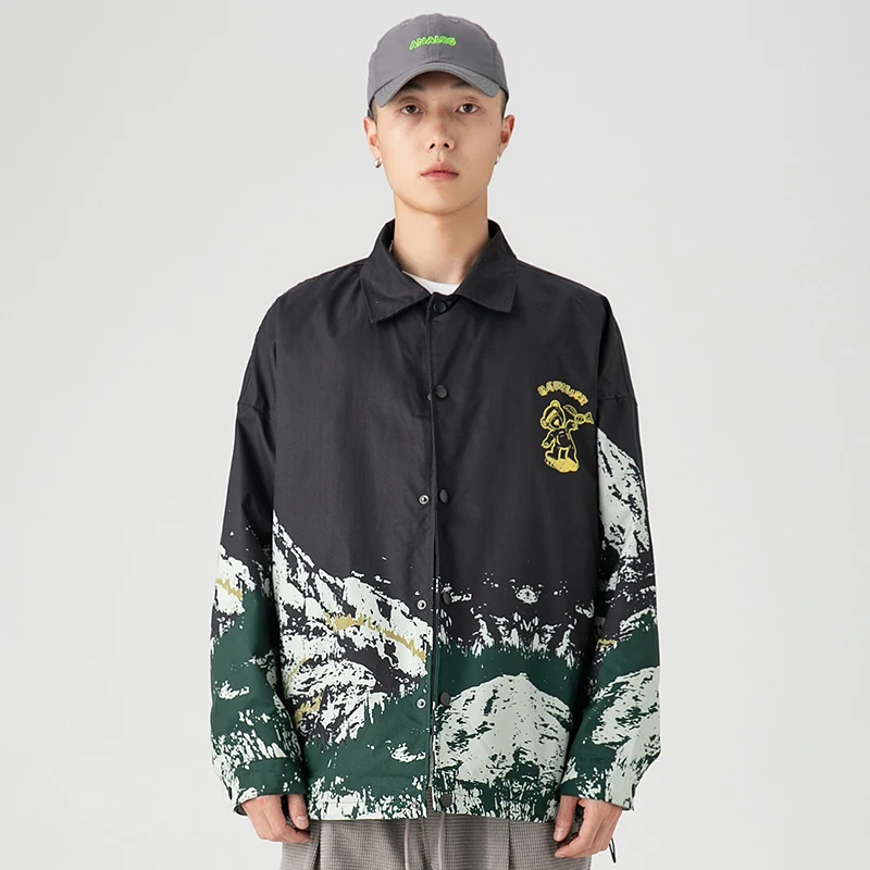Мужская куртка в стиле хип-хоп уличная Харадзюку С мультяшным принтом снега и гор