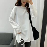 classic womens plus size split split hole bottoming shirt 2021 spring and autumn casual fashion solid color top