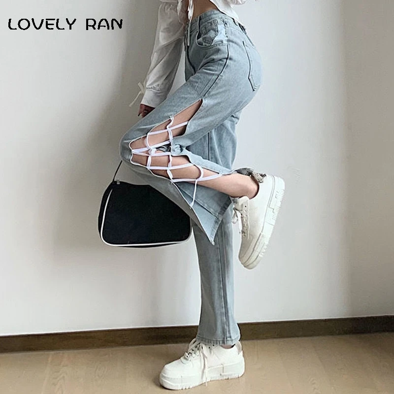 

Women's High Waist Side Split Jeans 2021 Summer White Lace Up Wide Leg Pants For Female Lady Fashion Hollow Out Streetwear Pant