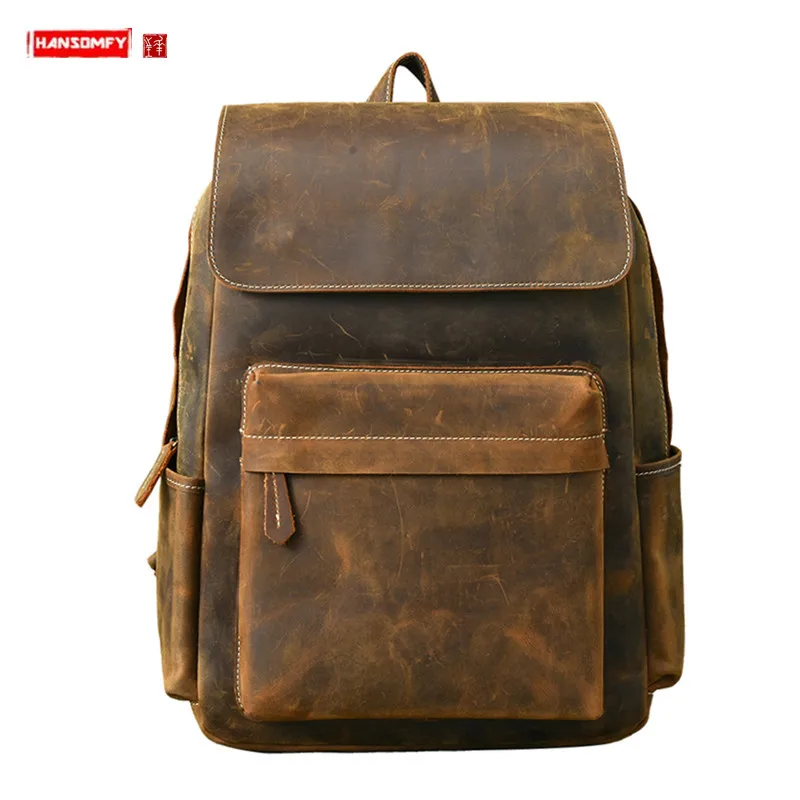 

Genuine Leather Men's Backpack Laptop Shoulder Bag Large Capacity Schoolbags Cowhide Vintage Crazy Horse Leather Male Men Bags