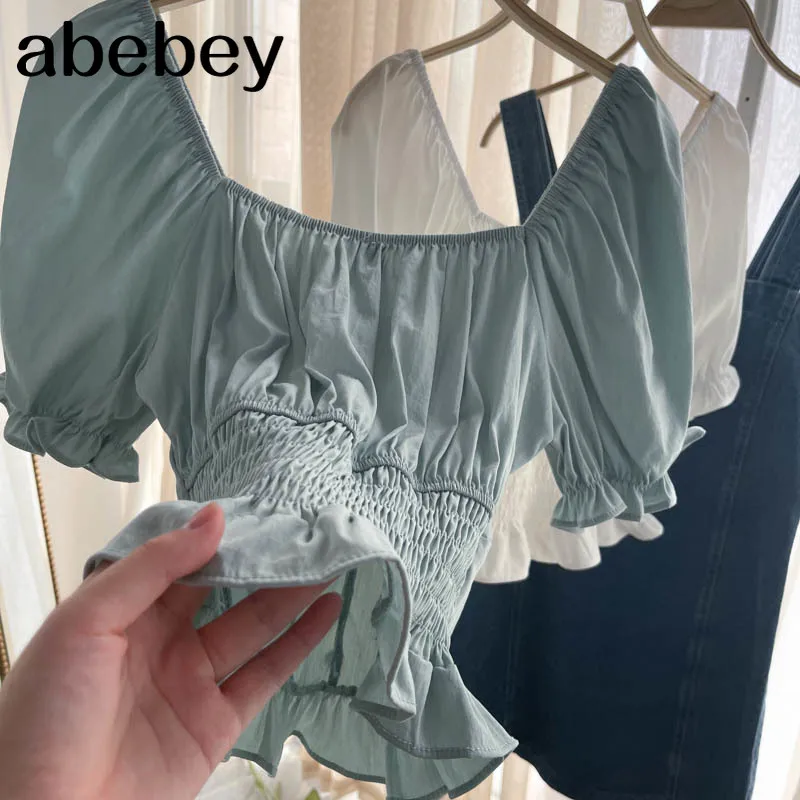 

Women Korean Ruffles Blouse Sweet Puff Sleeve V Neck Elegant Solid Tops Summer Casual Fashion Streetwear Blouse