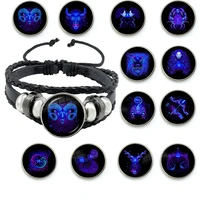 12 constellations bracelet personality rope bracelet black button leather glass bracelet male female fashion accessories gift