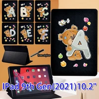 for ipad 10 2 2021 tablet cover ipad 10 2 inch 9th generation initial name bear pattern leather adjustable stand cover case