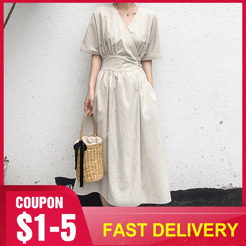 Летнее офисное женское элегантное винтажное платье миди в японском стиле