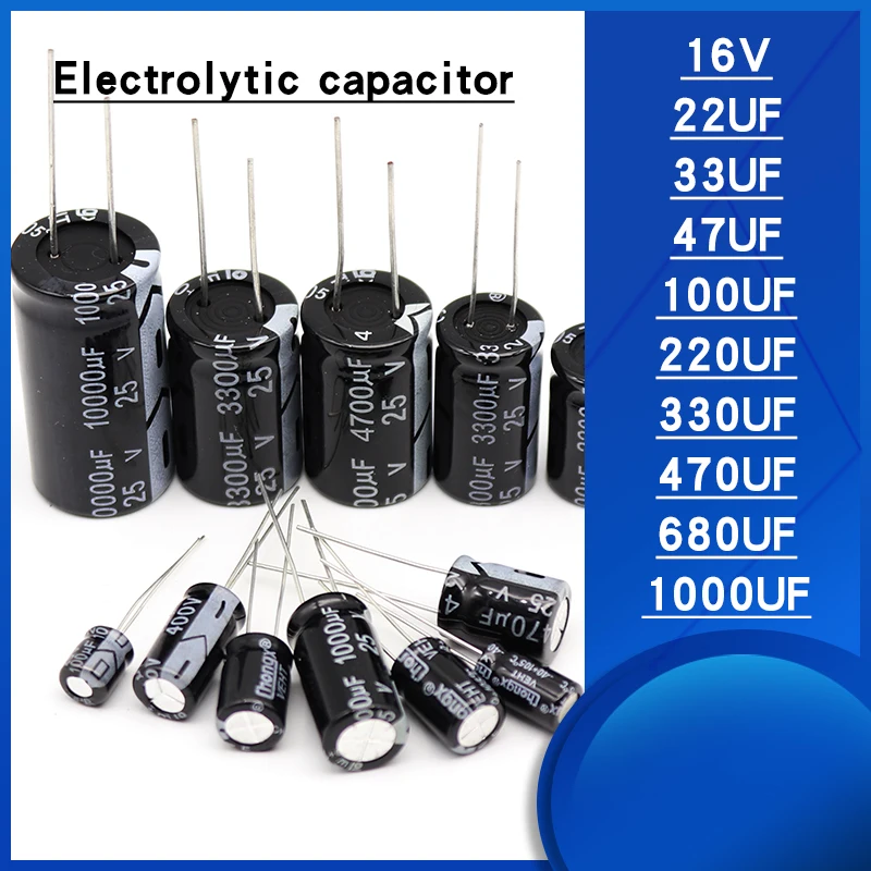 

20pcs/lot Aluminium electrolytic capacitor 16V 22UF 33UF 47UF 100UF 220UF 330UF 470UF 680UF 1000UF Electrolytic capacitor