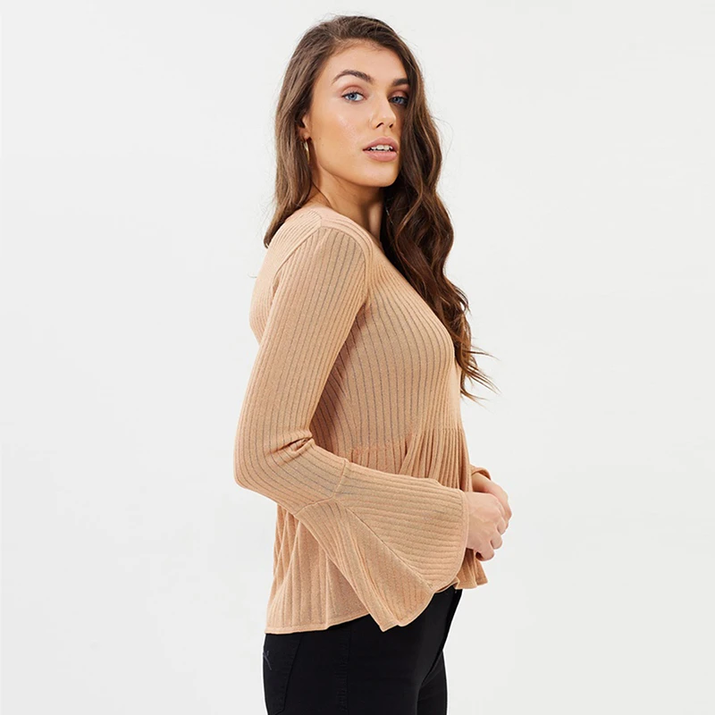 HYH HAOYIHUI 2019 Euro-American style simple pure-color bell sleeve bottom early autumn round collar Pullover knitted shirt | Женская