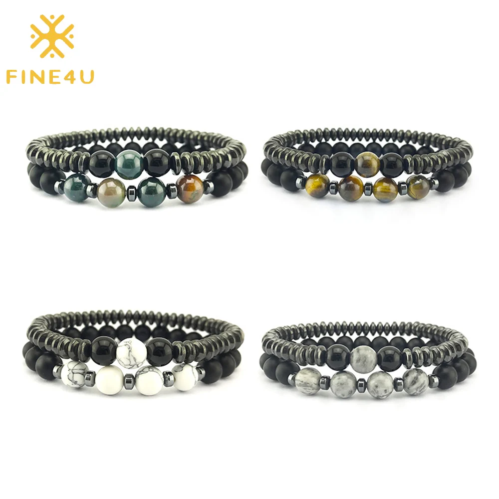FINE4U B299 из натуральных камней черного оникса и тигровый глаз бисера браслет для