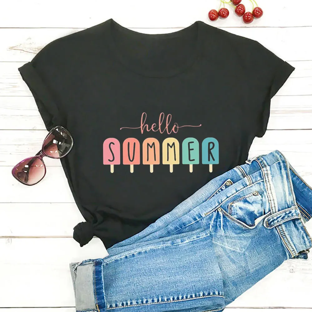 

Hello Summer Letter Printed T-shirt Women Casual Women Short Sleeve Hipster Graphic T Shirt White Leisure Tops Camisas Mujer