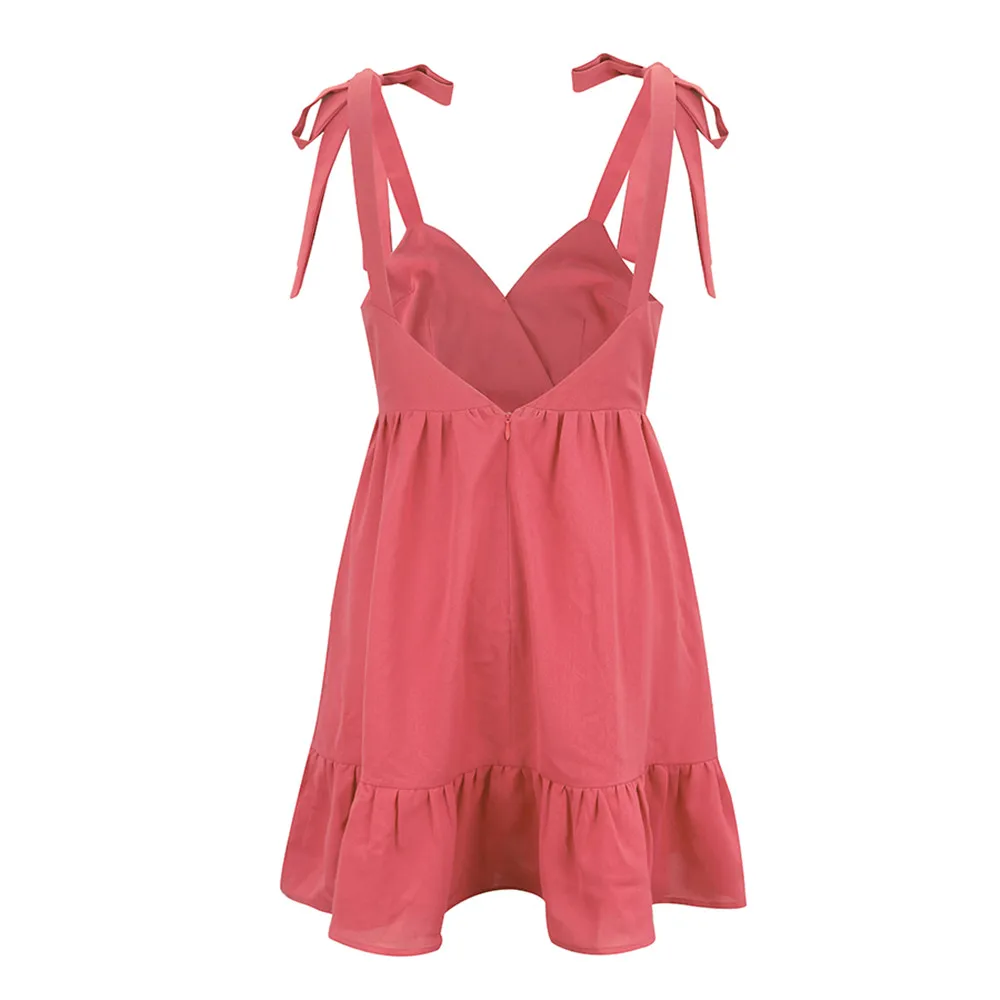 

9 Colors Pink Casual Bandage Spaghetti Straps Dresses Women Summer Sexy Solid Deep V-Neck Backless Sleeveless A Line Short Dress