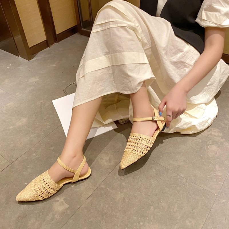 

Туфли женские однотонные, плетеные сандалии, плоская подошва, универсальные, летняя модель