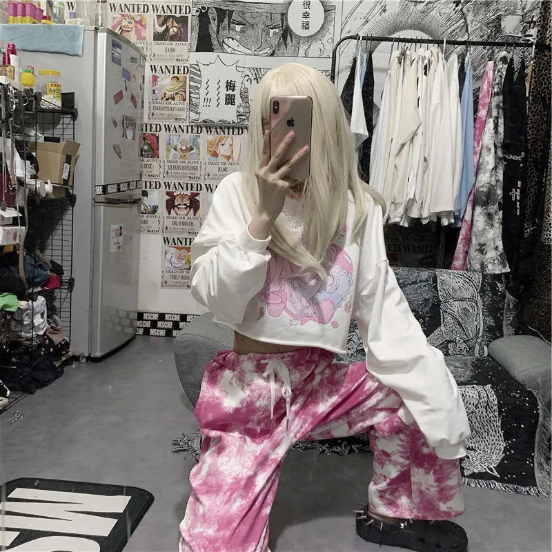 Harajuku kawaii cute cartoon anime girl printed t-shirt long sleeve white tshirts women sweet tops loose pullovers woman clothes