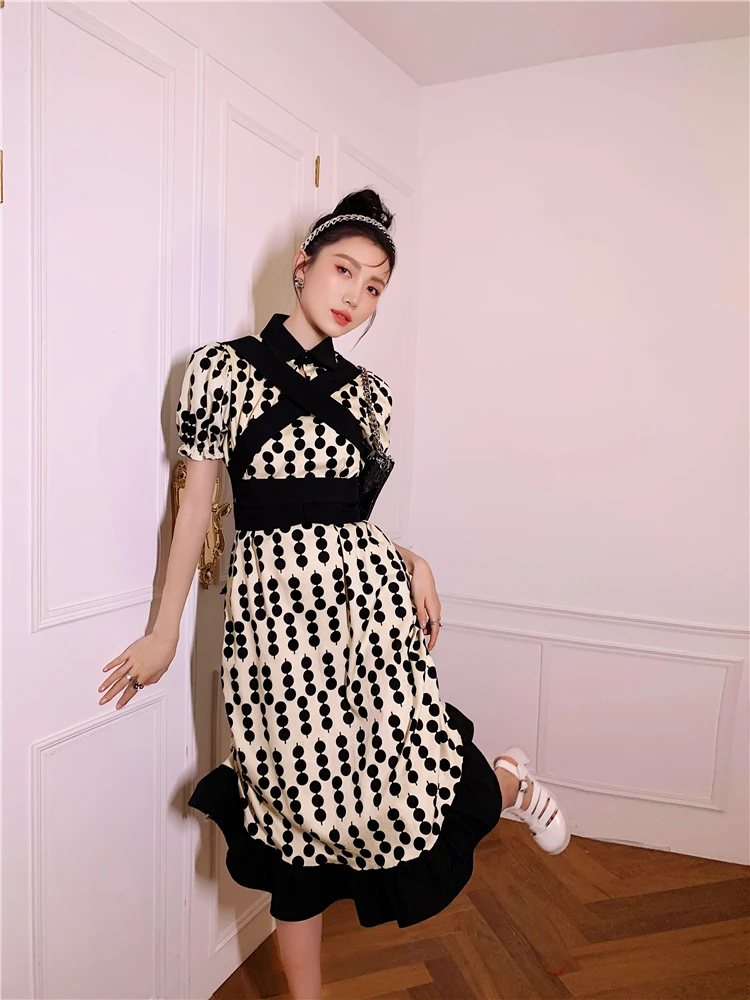 

2021 Summer Vintage Polka Dot Woman Dress Puff Sleeve Turn-down Collar Print Bow Tie Bandage Kawaii Sweet A-Line Long Dresses