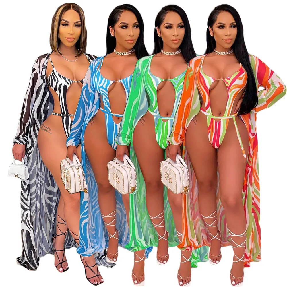 

Adogirl Women Two Piece Set Bikini Summer Hollow Out Lace Up Bodysuit Swimwear and X-Long Chiffon Cover Up Outfit Beach Suit