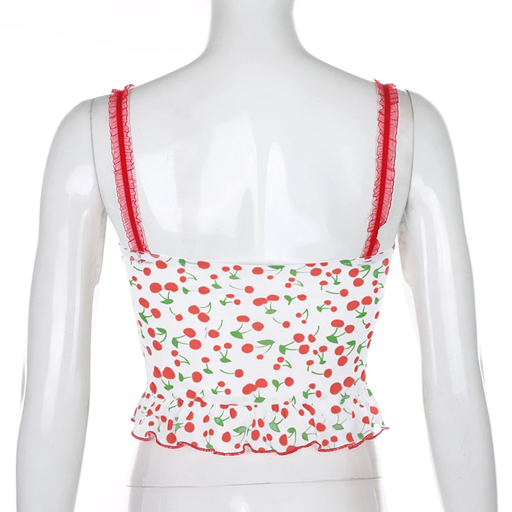 Платье с вишневым принтом С рюшами y2k милые женские короткие топы летнее платье