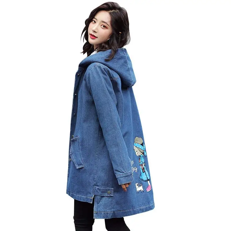 

Plus Size Women Denim Jacket Winter Thick Cashmere Hooded Jean Long Coat Fashion Warm Cartoon Korean Wool Outwear
