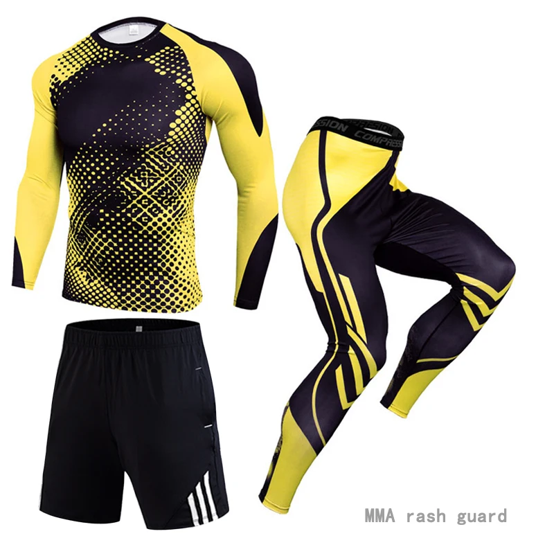 

3 piece track suit Men Running sports suit MMA Compression sportswear rash guard male Bodybuilding T-shirt pants Man Training