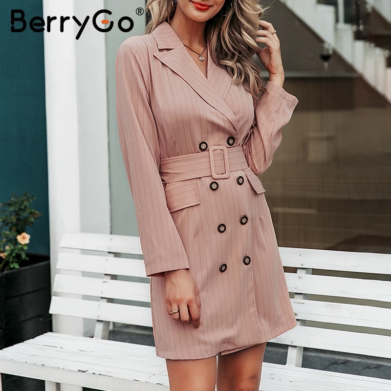 BerryGo элегантное Полосатое женское платье-Блейзер Осень-зима двубортное платье