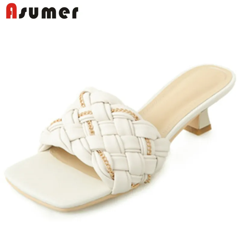 

Asumer 2021 New Arrive Women Slipper Weave Thin Heels Fashion Casual Party Shoes Summer Genuine Leather Slipper Women Shoes