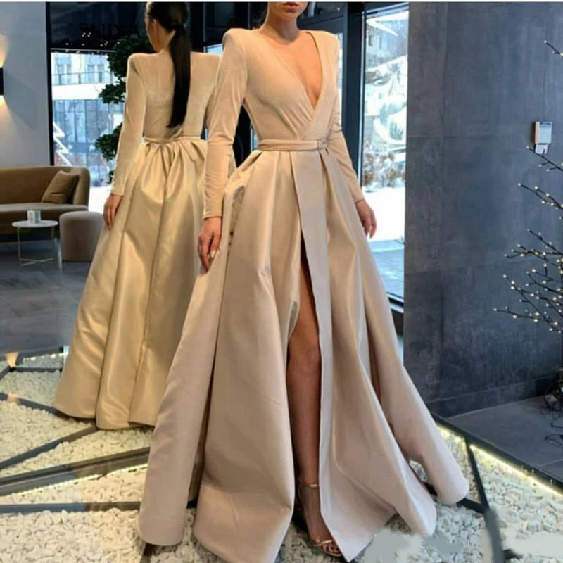 

Платья для выпускного вечера, с V-образным вырезом, длинными рукавами, атласные, с рюшами, с высоким разрезом, сексуальные, трапециевидные, 2020