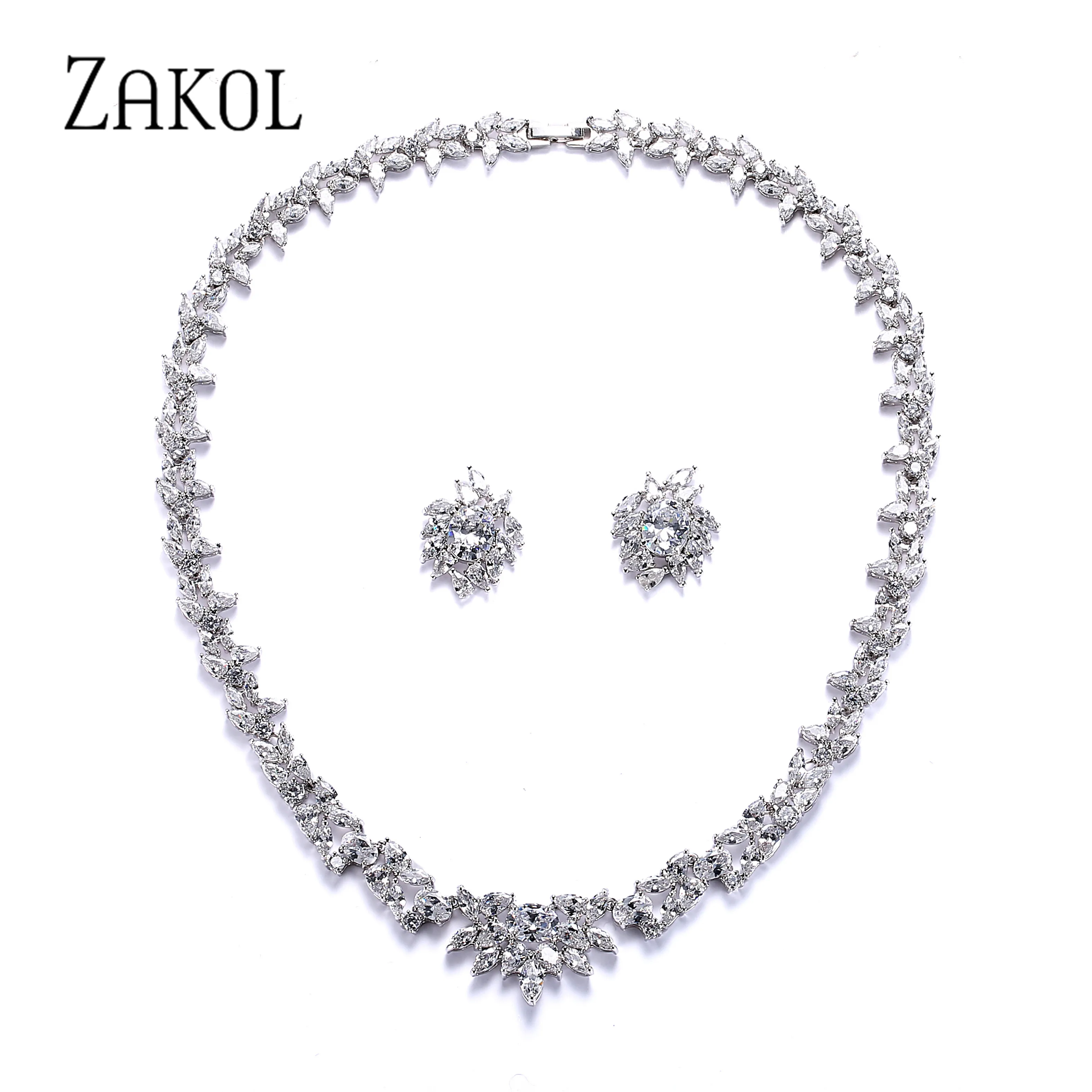

ZAKOL Luxury White Color Water Drop Cluster AAA+ Cubic Zirconia Fashion Jewelry Set For Bridal Wedding Drees FSSP156