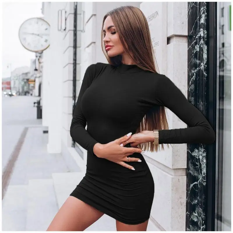 

Autumn Sexy Solid Color Turtleneck Skinny Mini Dress Women Fall Keep Warm Long Sleeve Slim Dress