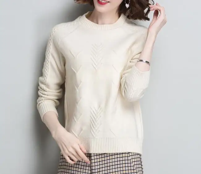 Beige Soft Cozy Cashmere Cotton Blend Embossing Pullover Sweater Autumn Winter Women Clothes Basic Jumper Pull Femme Pink Sweater - Color: Beige