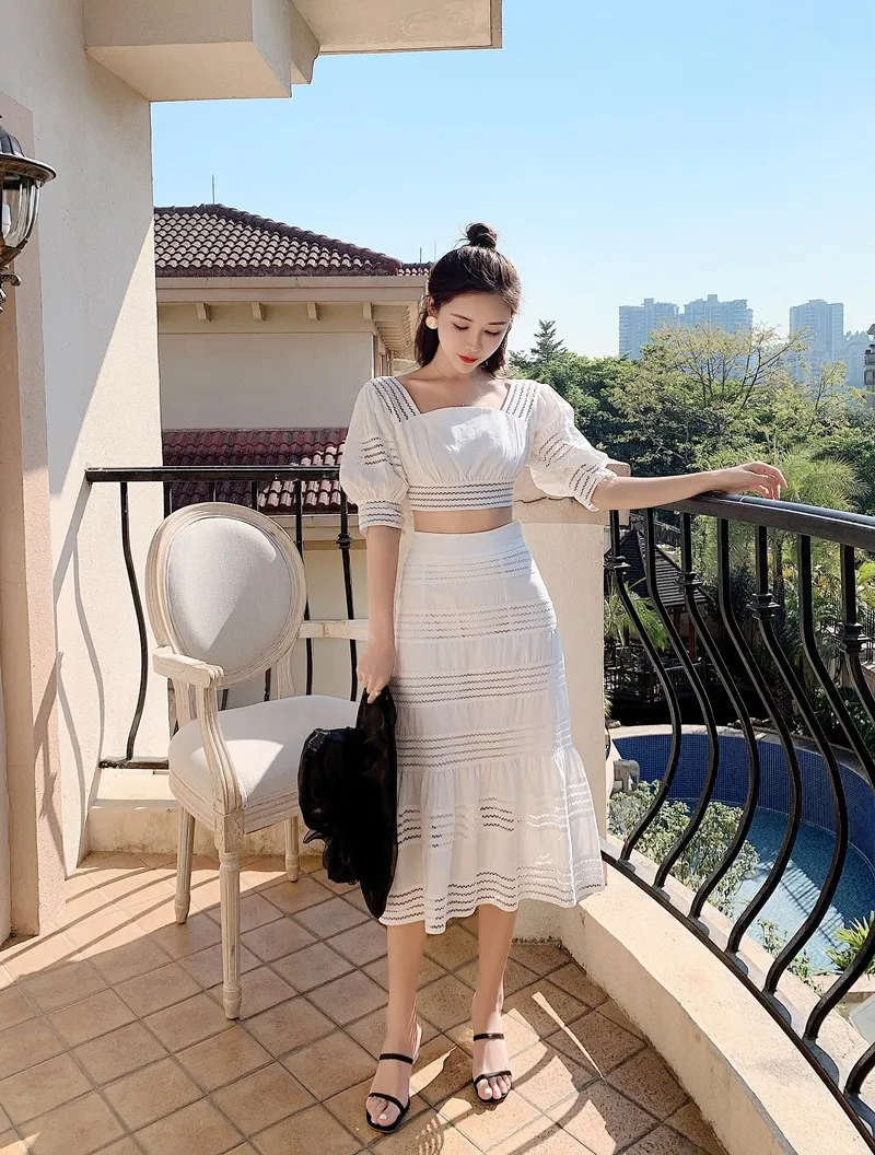 Ladies Holiday Beach White Suit Runway Women Lantern sleeve Hollow Out Crop Tops+Bodycon Bowknot Mermaid Long Skirts 2 Piece set |