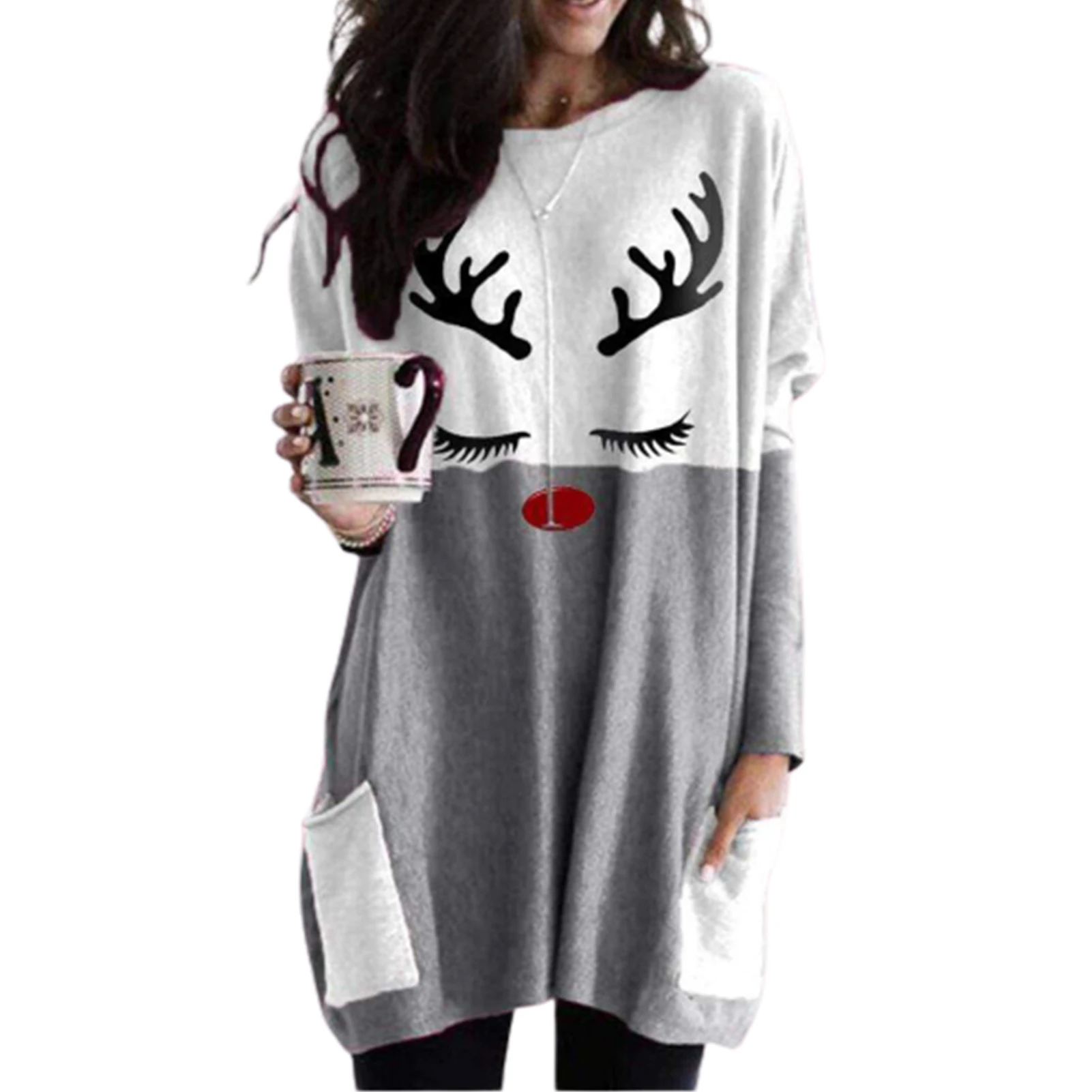 

Women Autumn Christmas Cute Printed Long Sleeve Patchwork T-shirt with Pockets
