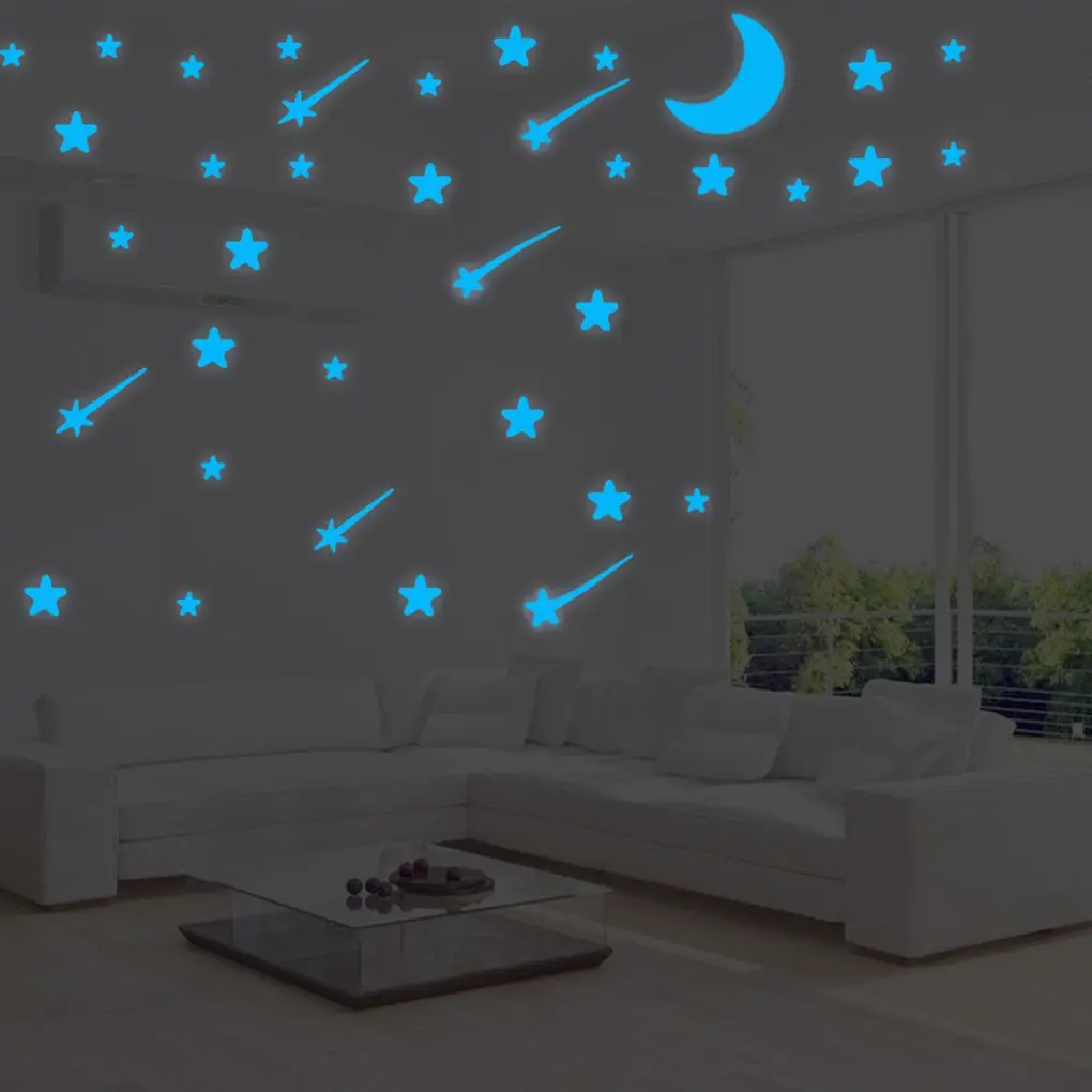 

103pcs Star&Moon Energy Storage Fluorescent Blue Luminous Stickers Star Decals Glow In The Dark Living Room Children Room Decor