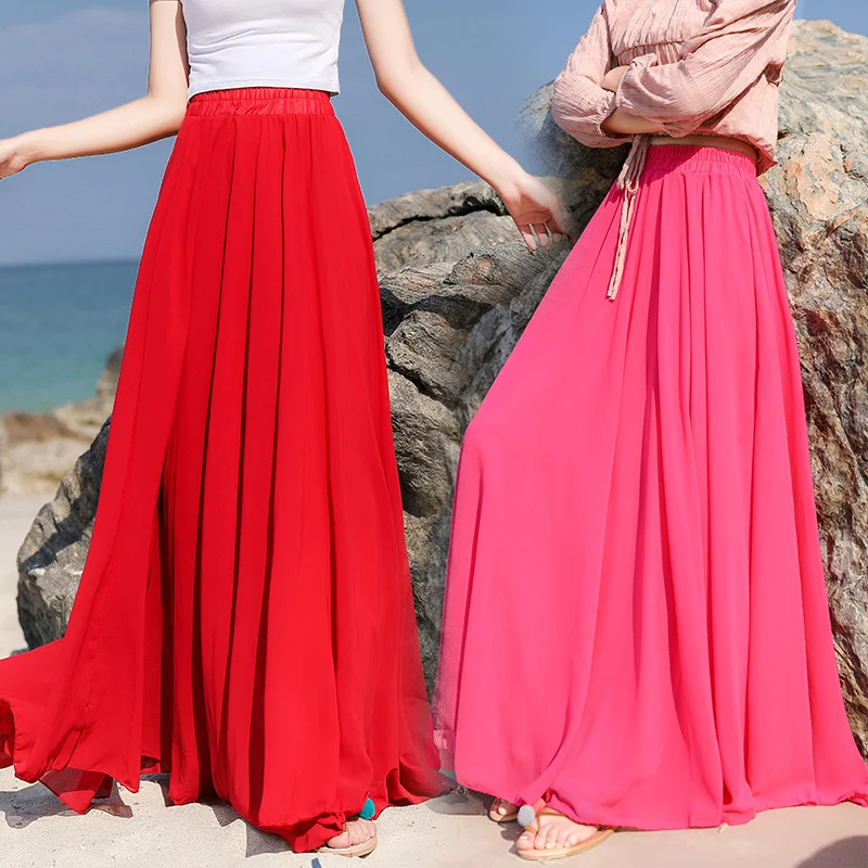

Bohemia Long Skirts Women Stretch High Waist Solid Chiffon A-Line Skirt Casual Pleated Maxi Skirt Faldas Saias Streetwear 0.6KG