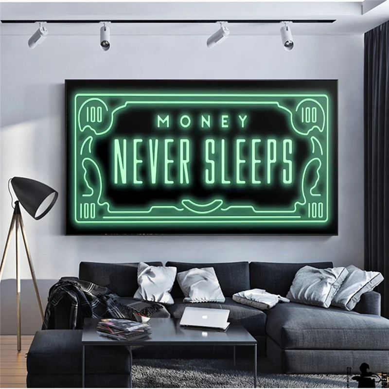 Картина на холсте с надписью Money Never Sleep|Рисование и каллиграфия| |