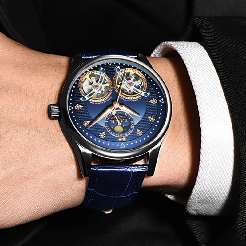 Новый бренд LIGE мужские часы автоматические механические Tourbillon кожаные