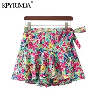 kpytomoa women chic fashion floral print bow tie shorts skirts vintage elastic waist side zipper female short pants pantalones