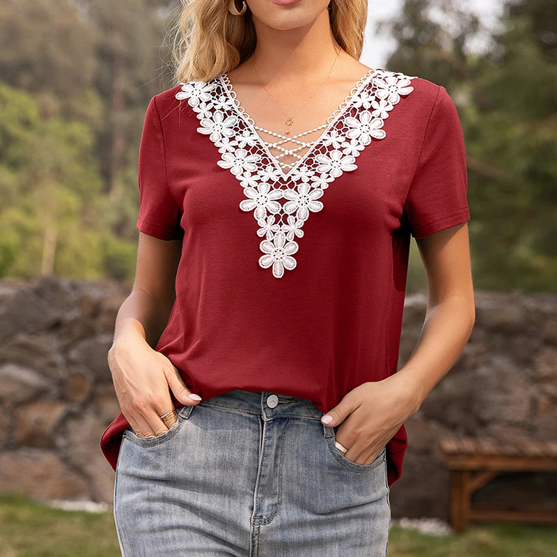 

Flower Lace Patchwork T Shirt Women Clothes Contrast Color Elegant V Neck Short Sleeve Tops Summer Female Casual Street T Shirts