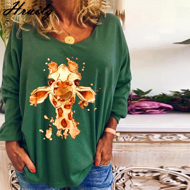 

T Shirt Women Long Sleeve Cartoon Print V Neck Loose Shirts for Women Casual Homewear Women Tops Knitted T-shirty Damskie