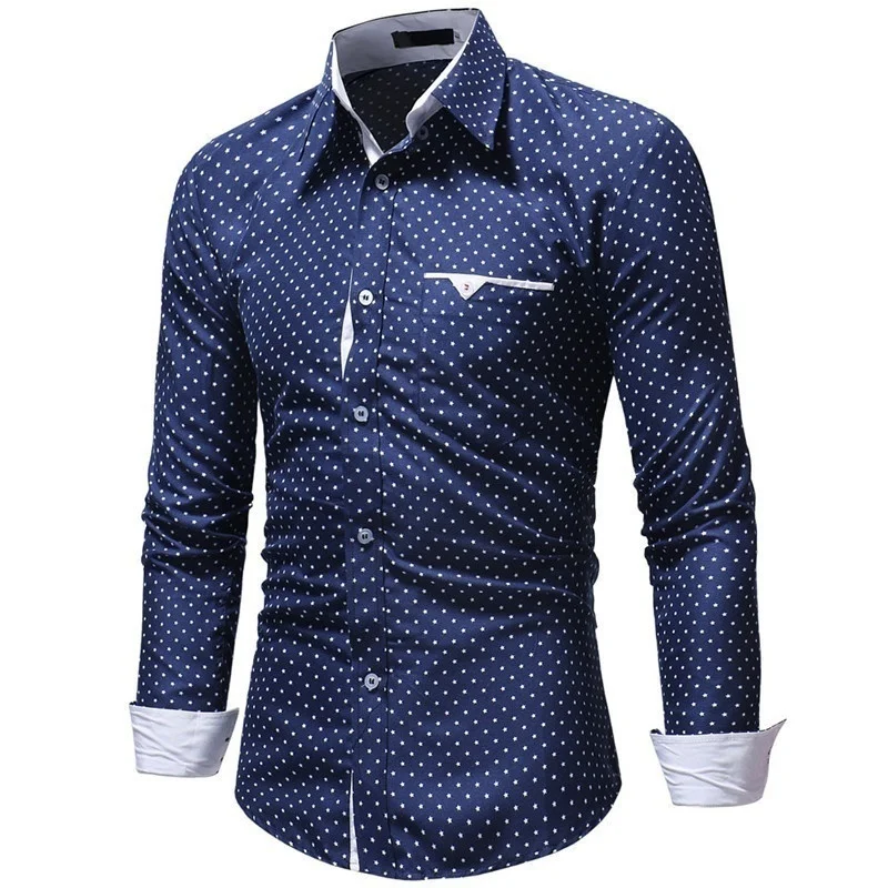 

Men's Slim Fit Long-sleeved Polka Dot Cotton Shirt Business Casual Stand Collar Button Down Dress Shirt