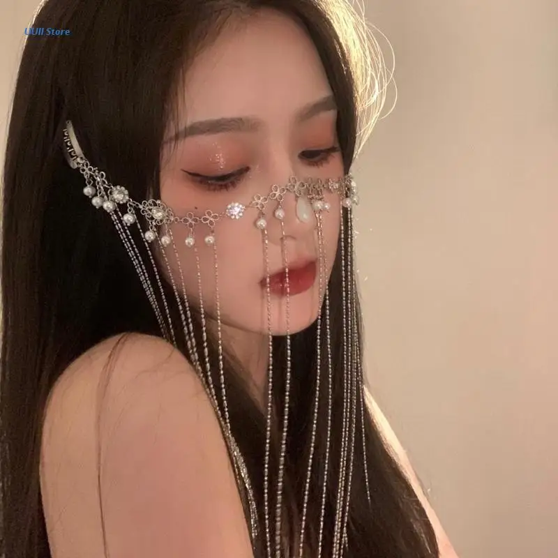 

Crystal Tassel Veils Multi-Layers Head Chains with Faux Pearl Exotic Style