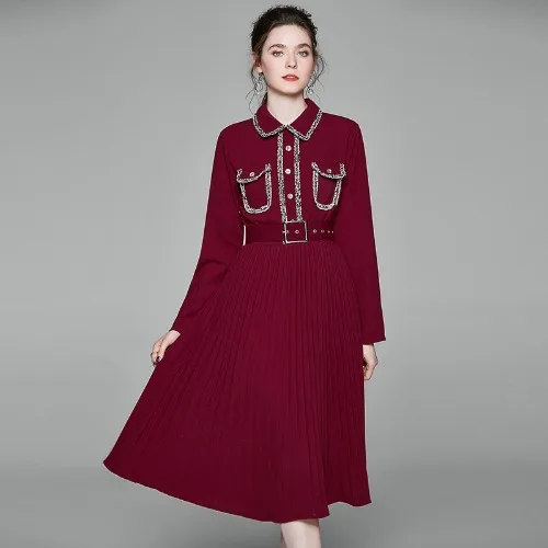 

Slim Autumn Sashes Elegant Dress Women Long Sleeve Pleated Dresses Lapel Slim Red Party Dress Lady Pocket Vestidos Clothes