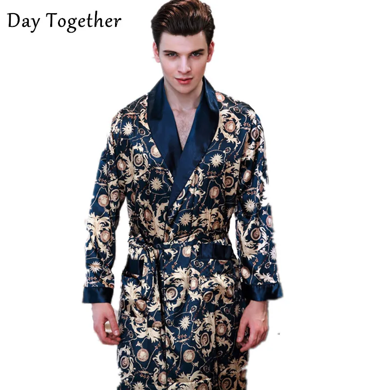 

2021 Luxury Satin Robes Male Kimono Dressing Gown Men's Long Sleeve Silk Print Bathrobe Leisure Sleepwear Home Clothes Men