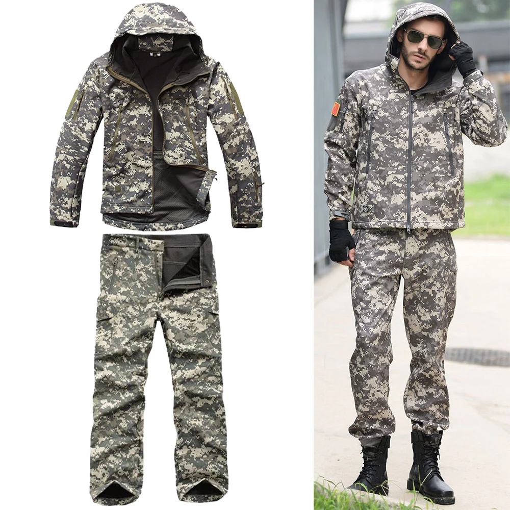 Hunting Clothes for Men, Silent Water Resistant Hunting Duck Deer Hunting Jacket and Pants Camouflage Windproof Hooded Ourdoor