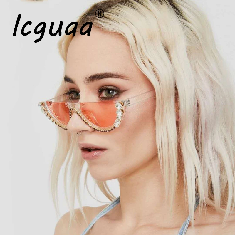 2019 Модные солнцезащитные очки кошачий глаз без оправы с кристаллами в полуоправе