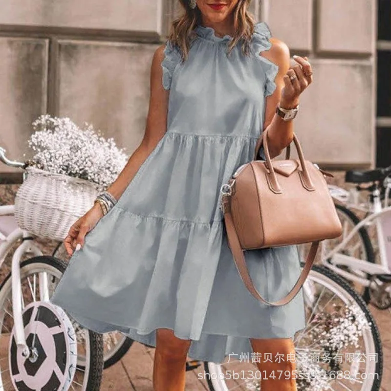 

Mandylandy Dress Summer Fashion O-Neck Sleeveless Printed Dress Women's Casual Solid Color Loose Lotus Leaf Stitching Dress