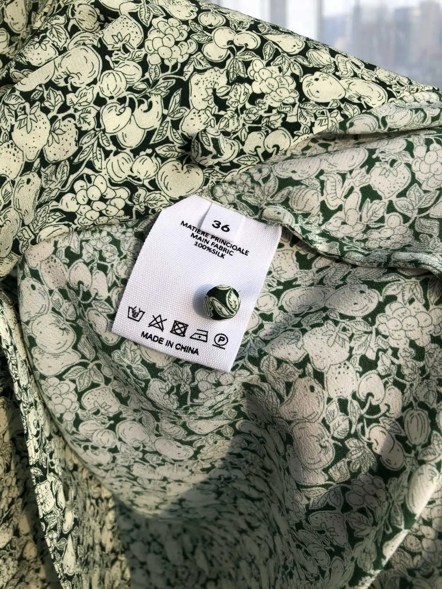 

Green Peach Print Women Mini Dress Peter Pan Collar Ladies Single-Breasted Short Dresses 100% Silk