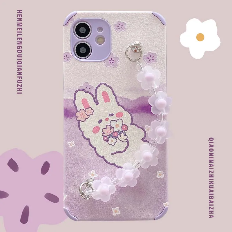 

Purple Leather Embroidery Rabbit flower Bracelet Phone Case For 11 12 Pro X XR XS MAX 8 6S 7 Plus SE2020 Lens protection Cover