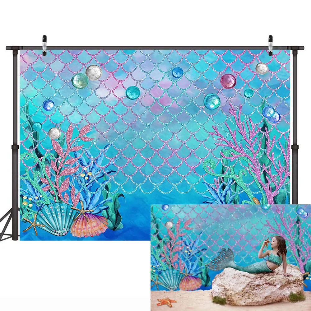 Синяя морская Русалка фон Девочка Дети День рождения баннер жемчужина ракушка