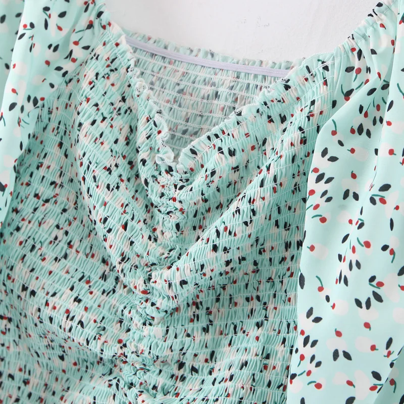 

Elegant Women Dresses Lacing Up Elastic Ruched Mid Long Party Dot Print Long Sleeve Dress