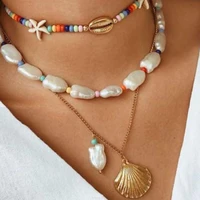 necklace earring set beach holiday pearl shell bohemia multilayered clavicle chain colorful rice bead necklace earring for women