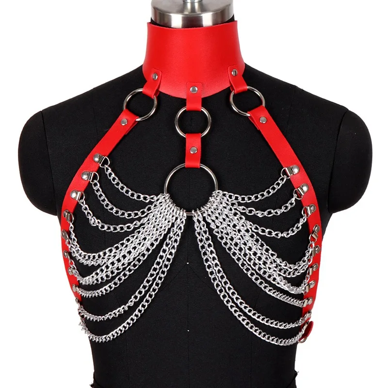 Женская кожаная портупея красный пояс на грудь шею цепочка металлическая клетка