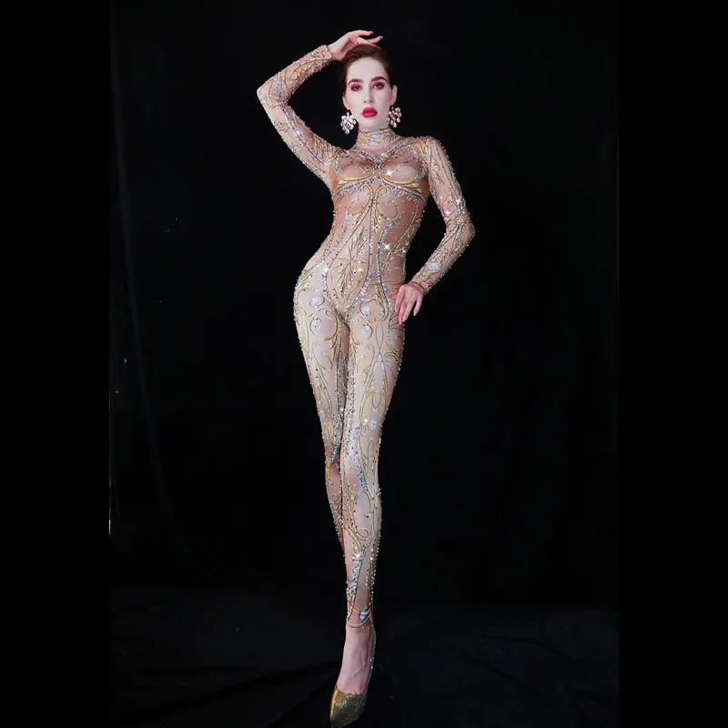 Sparkly Rhinestone Jumpsuit Women Evening Party Sexy Stones Stretch Bodysuit Pole Dance Costumes Singer Stage Skinny Rompers